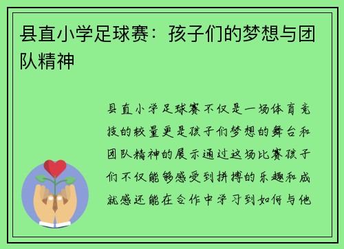 县直小学足球赛：孩子们的梦想与团队精神