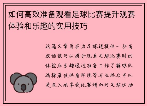 如何高效准备观看足球比赛提升观赛体验和乐趣的实用技巧