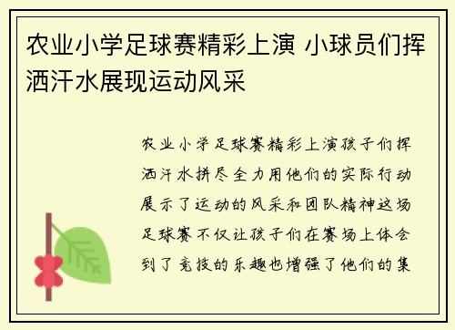 农业小学足球赛精彩上演 小球员们挥洒汗水展现运动风采