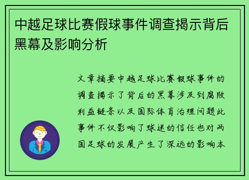 中越足球比赛假球事件调查揭示背后黑幕及影响分析
