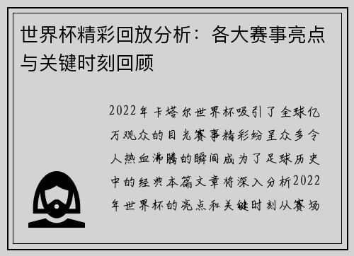 世界杯精彩回放分析：各大赛事亮点与关键时刻回顾