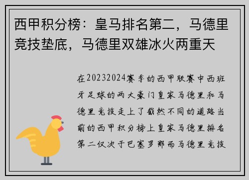 西甲积分榜：皇马排名第二，马德里竞技垫底，马德里双雄冰火两重天