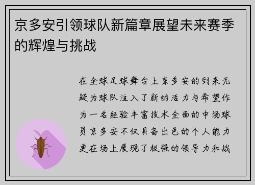 京多安引领球队新篇章展望未来赛季的辉煌与挑战