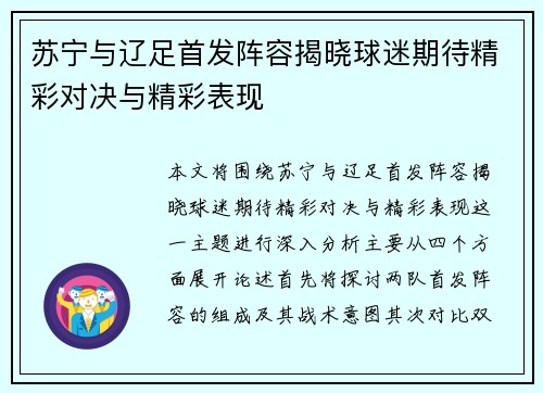 苏宁与辽足首发阵容揭晓球迷期待精彩对决与精彩表现