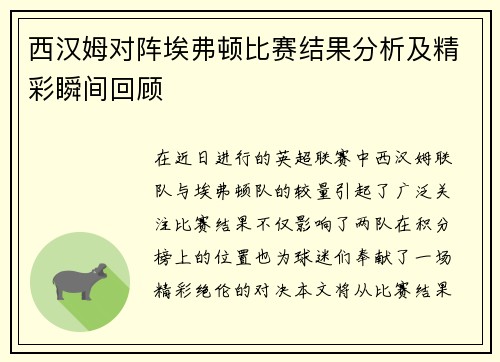西汉姆对阵埃弗顿比赛结果分析及精彩瞬间回顾