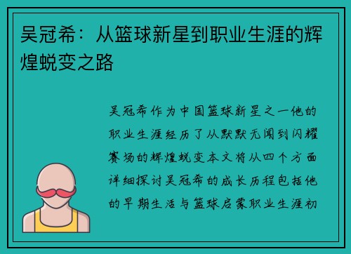 吴冠希：从篮球新星到职业生涯的辉煌蜕变之路