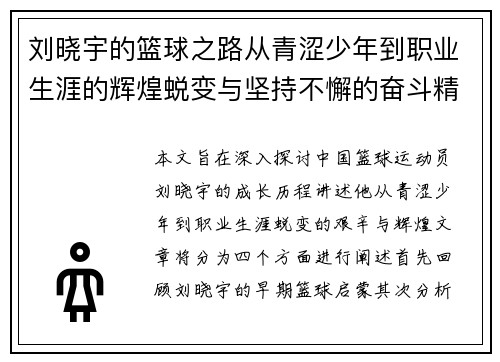 刘晓宇的篮球之路从青涩少年到职业生涯的辉煌蜕变与坚持不懈的奋斗精神