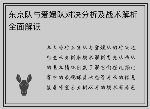 东京队与爱媛队对决分析及战术解析全面解读