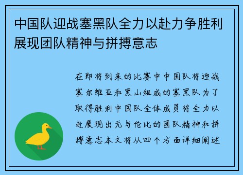 中国队迎战塞黑队全力以赴力争胜利展现团队精神与拼搏意志