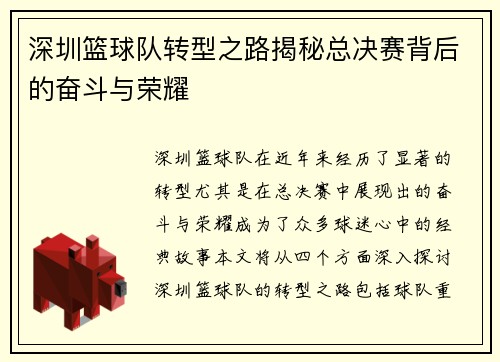 深圳篮球队转型之路揭秘总决赛背后的奋斗与荣耀