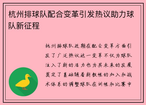 杭州排球队配合变革引发热议助力球队新征程