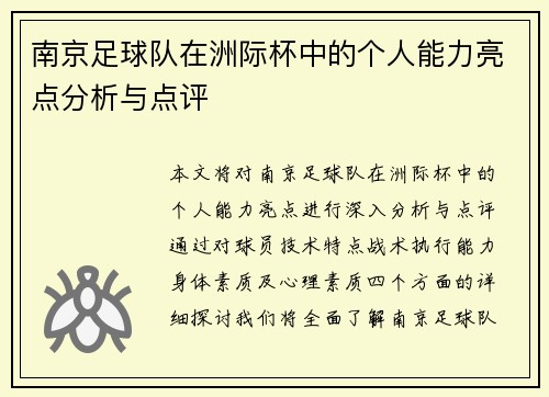 南京足球队在洲际杯中的个人能力亮点分析与点评